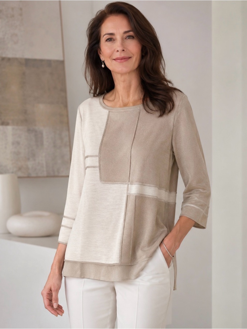 MISOOK Patchwork Knit Blouse Top 3/4 Sleeve Metallic Sheen Lagenlook Large